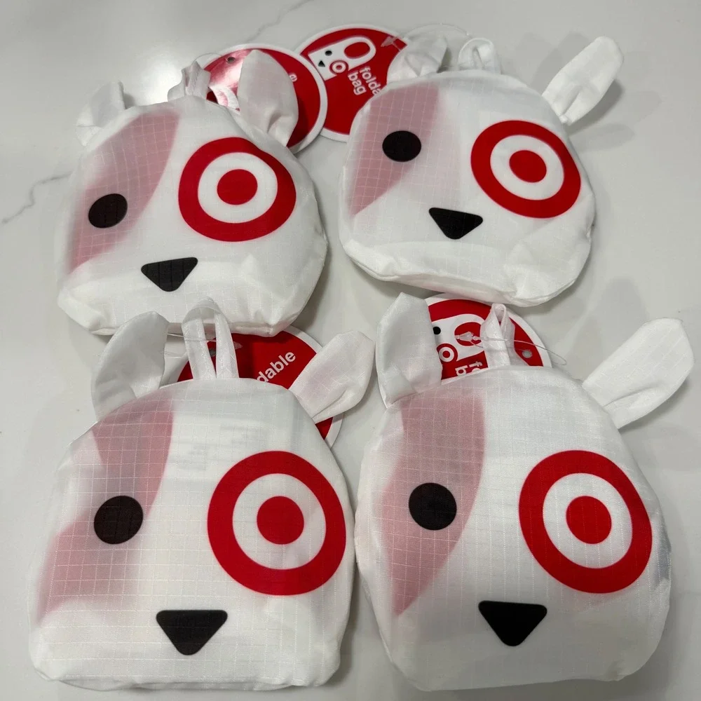Set of 4 Target Bullseye Dog Foldable Reusable Tote Bags White Red 16x20 New